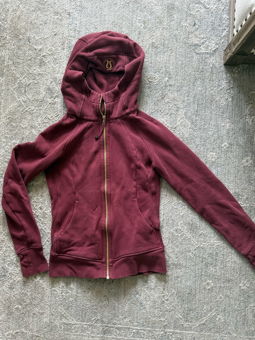 lululemon Women's Maroon Full-Zip Scuba Hoodie with Gold Zipper— Size 4